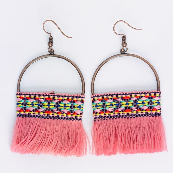 Kate Stylist Jewelry - New! Boho Colorful Woven Pink Tassels Earrings